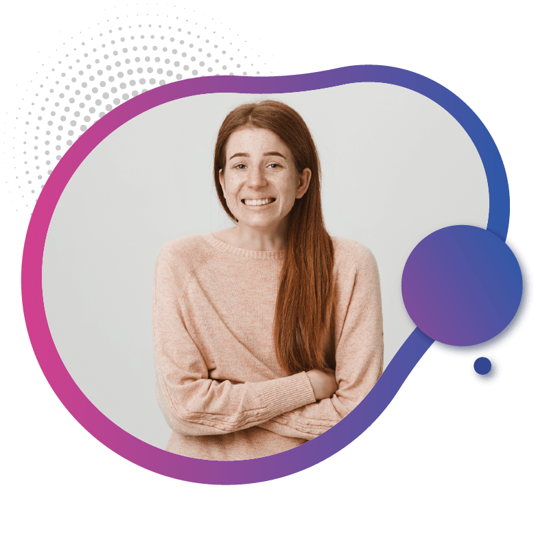 A women with long, straight, auburn hair wearing a soft pink sweater stands with arms crossed against a light background, symbolizing the seamless communication and convenience of using eSIM for calls in Australia.