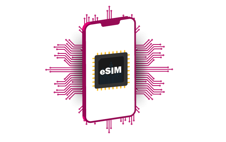 A smartphone displaying an eSIM chip surrounded by a circuit-like design, symbolizing fast and seamless digital connectivity offered by eSIM technology in Australia.