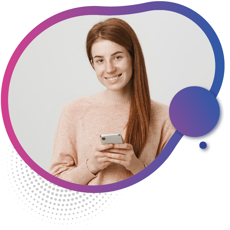 A women with long, brown hair wearing a rosy sweater holds a smartphone, set against a simple white background, symbolizing the premium coverage and reliable connectivity provided by eSIM technology in Australia