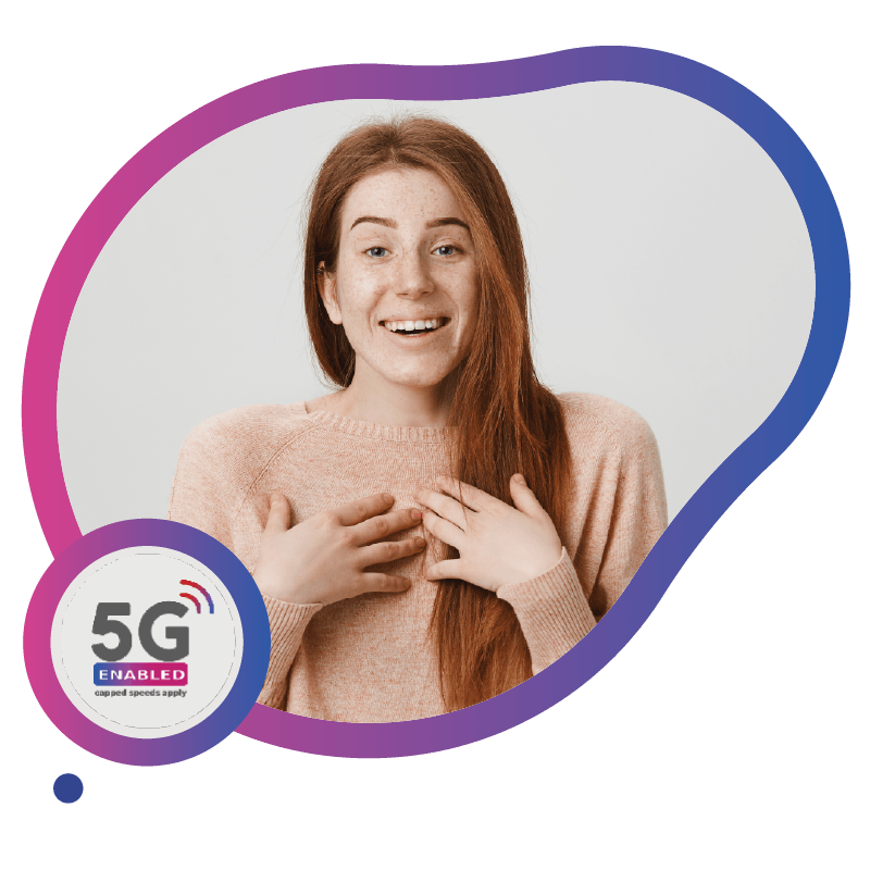 A woman in a soft pink sweater touches her chest, conveying a sense of wonder or surprise, against a neutral background, with a 5G logo at the bottom, symbolizing the ease and convenience of mobile connectivity with eSIM technology in Australia.